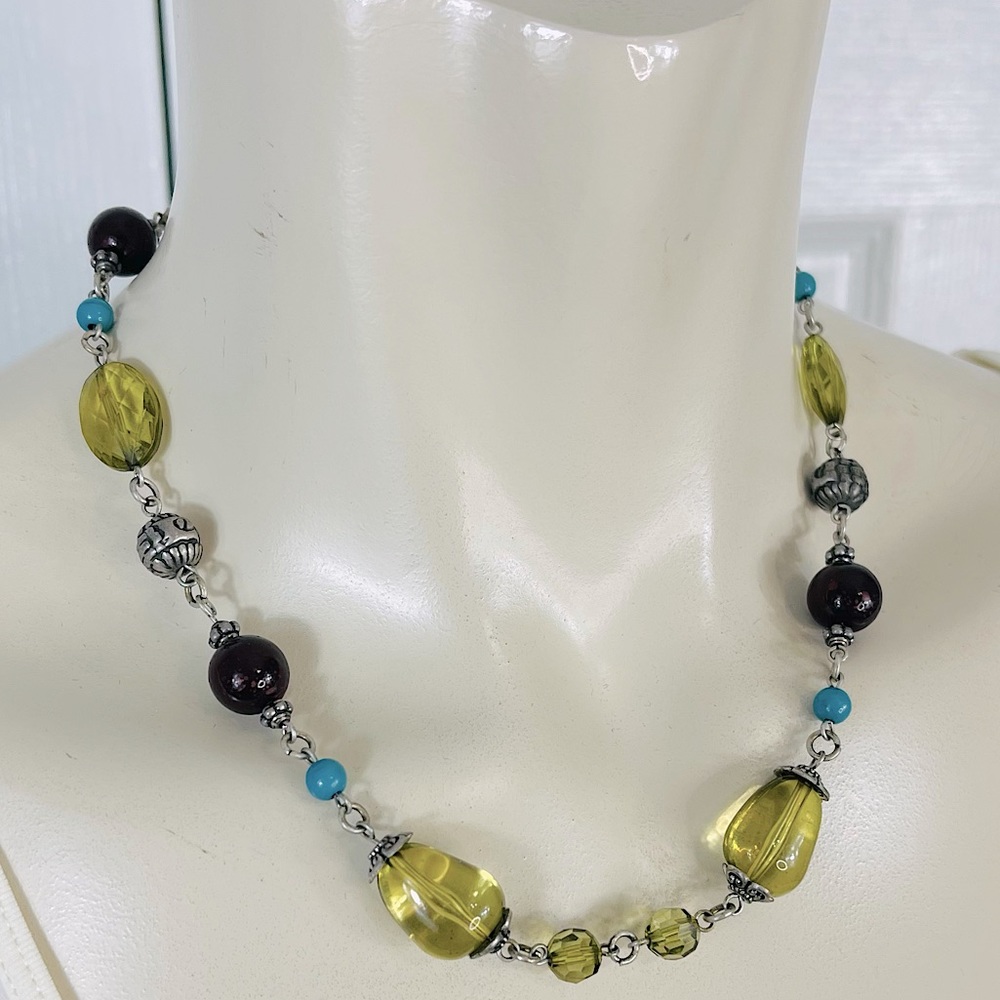 Boho adjustable necklace beaded silver green brown bohemian chain necklace